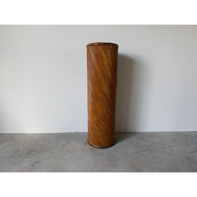 1970s Vintage Boho Chic Pencil Reed & Wood Cylindrical Pedestal Plant Stand For Sale - Image 12 of 12