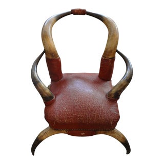 Antique Children's Horn Chair With Distressed Leather Upholstery For Sale