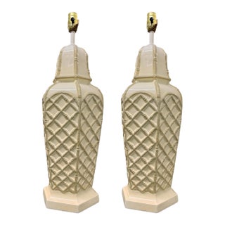 Vintage Faux Bamboo Palm Beach Regency Glazed Ceramic Lamps – Pair For Sale