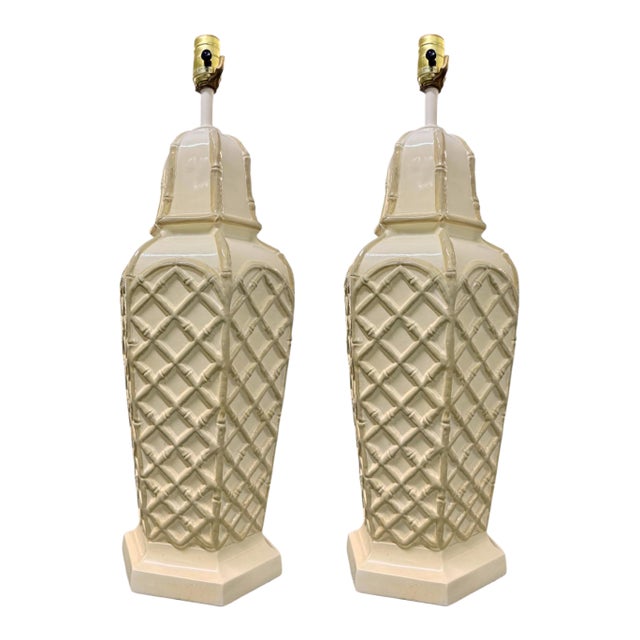 Vintage Faux Bamboo Palm Beach Regency Glazed Ceramic Lamps – Pair For Sale