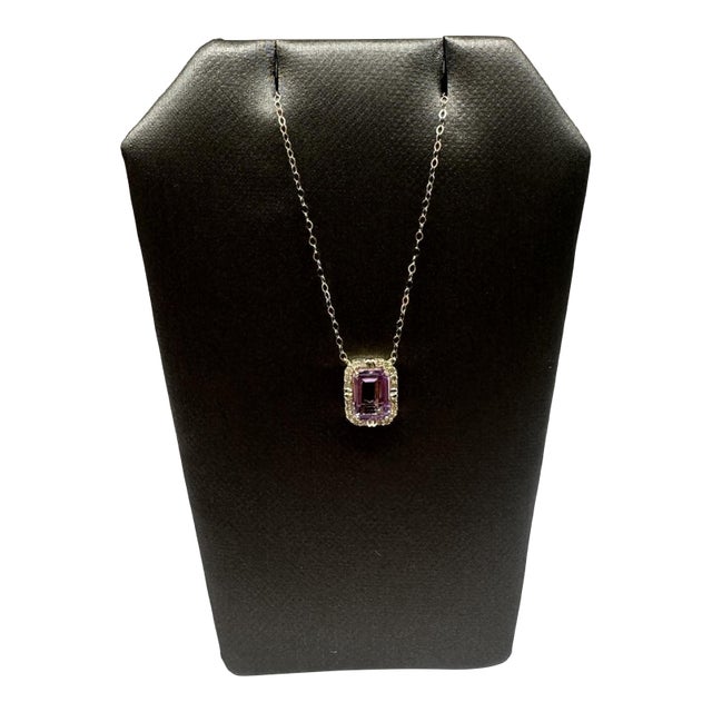 Amethyst & Diamond Necklace in 10kt Yellow Gold – Emerald Cut, 18.25in, New For Sale