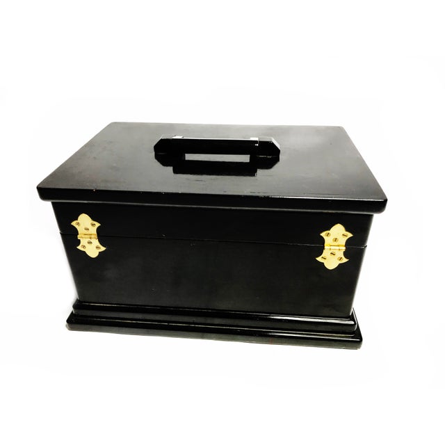 Large Vintage Mid Century Hand Made Black Lacquer Wooden Jewelry Box