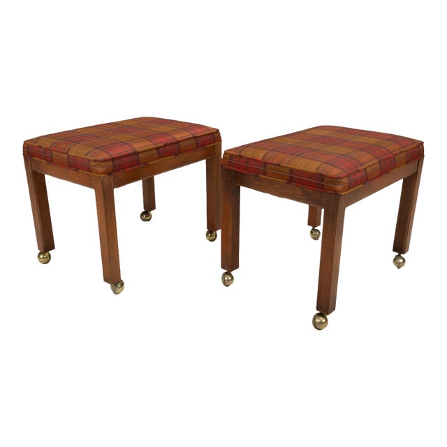 1960s Vintage Plaid Upholstered Rolling Stools / Ottomans on Brass Casters - A Pair For Sale
