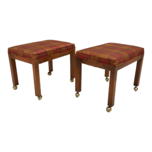 1960s Vintage Plaid Upholstered Rolling Stools / Ottomans on Brass Casters - A Pair
