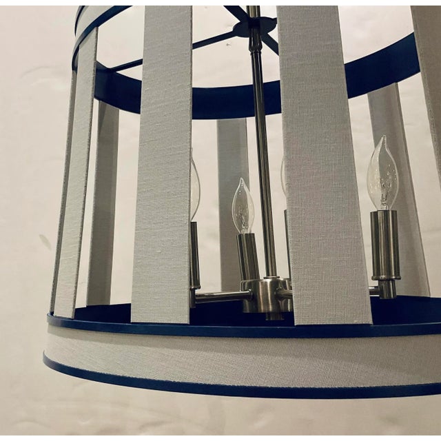 Stylish Modern White and Blue Burlap Pendant Light, satin nickel hardware, showroom floor sample