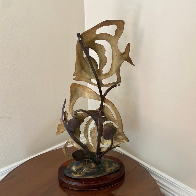 Wood Vintage 1970s Solid Brass Fish Sculpture Home Decor MCM For Sale - Image 7 of 10