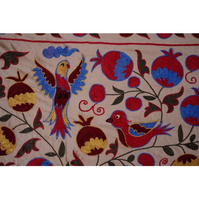 Copper Handcrafted Uzbek Suzani Wall Tapestry – Folk Art Bird & Tree Design Decor 3'5'' X 6'1'' For Sale - Image 8 of 11