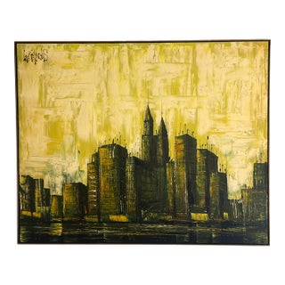 Vintage Lee Reynolds Cityscape Painting Mid Century Modern | Abstract Yellow Green Impasto Oil Canvas MCM Wall Art | Vanguard Studios Signed For Sale