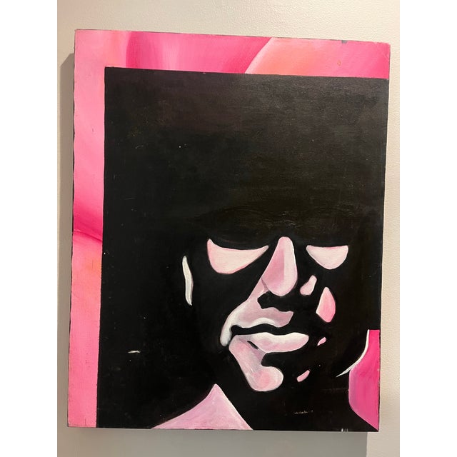 Paint Mid Century Modern Abstract Portrait Painting Pink Black Face Original Art Vintage, Unknown Artist For Sale - Image 7 of 11