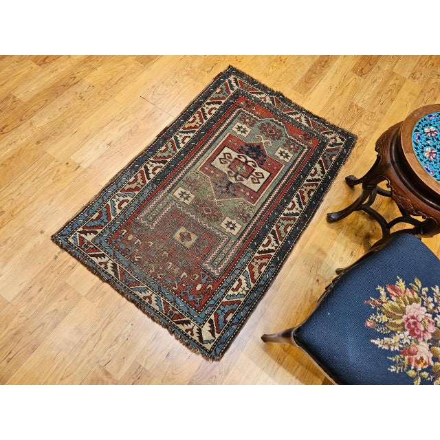 19th Century Antique Fachralo Kazak Rug, Hand-Knotted Wool, Red & Green, Caucasus, 3' x 5' For Sale - Image 5 of 15