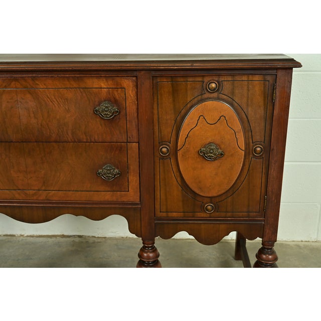 Wood Berkey & Gay Style Antique English Jacobean Carved Walnut and Burl Wood Sideboard, Circa 1920s For Sale - Image 7 of 13