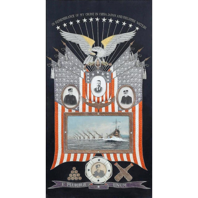 Black Japanese Antique Textile Panel of American Historical Great White Fleet For Sale - Image 8 of 13