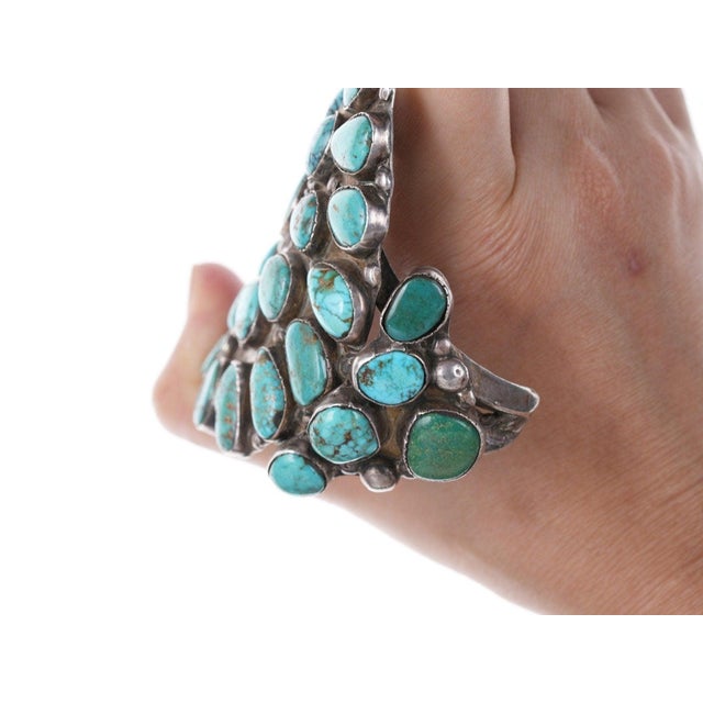 7" Huge 30's-40's Navajo Silver Turquoise Cluster Bracelet For Sale In Austin - Image 6 of 11