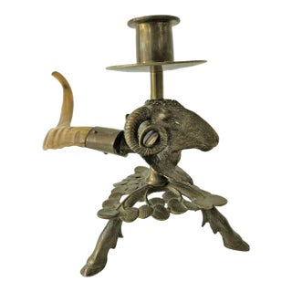 19th Century Brass & Natural Horn Ram’s Head Candlestick For Sale
