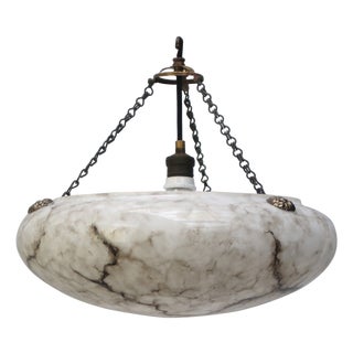 Art Deco Pendant Lamp in Brass and White Grey Marble Painted Glass, France, 1920s For Sale