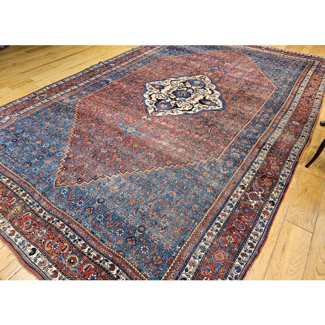 19th Century Vintage Oversized Bidjar Rug, Hand-Knotted Wool, Geometric Pattern, Blue & Red,10x15 For Sale - Image 5 of 16