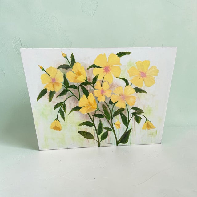 Large original floral oil painting by Francis Downs, featuring an airy arrangement of brilliant yellow tropical flowers...
