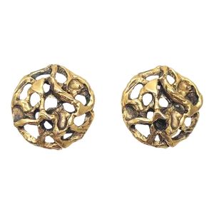 Vintage Jonathan Bailey for Crown Trifari Round Brutalist Goldtone Clip Earrings, 1970 - 2 Pieces