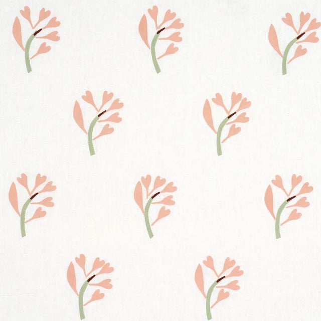 SAMPLE - Schumacher X Caroline Z Hurley Ginkgo Hand Block Print Fabric In Pink And Sage On White For Sale