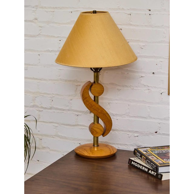 Pair of Vintage Carved Wood and Brass Modernist Table Lamp For Sale In Los Angeles - Image 6 of 8