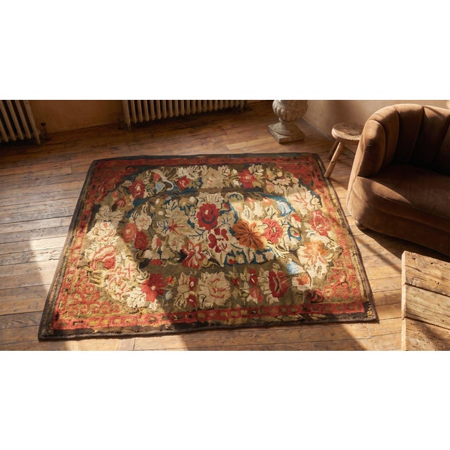 1890s Brown Floral Folk Art Antique American Hooked Rug 3'0" X 5'2" Handknotted Wool Carpet For Sale In New York - Image 6 of 8