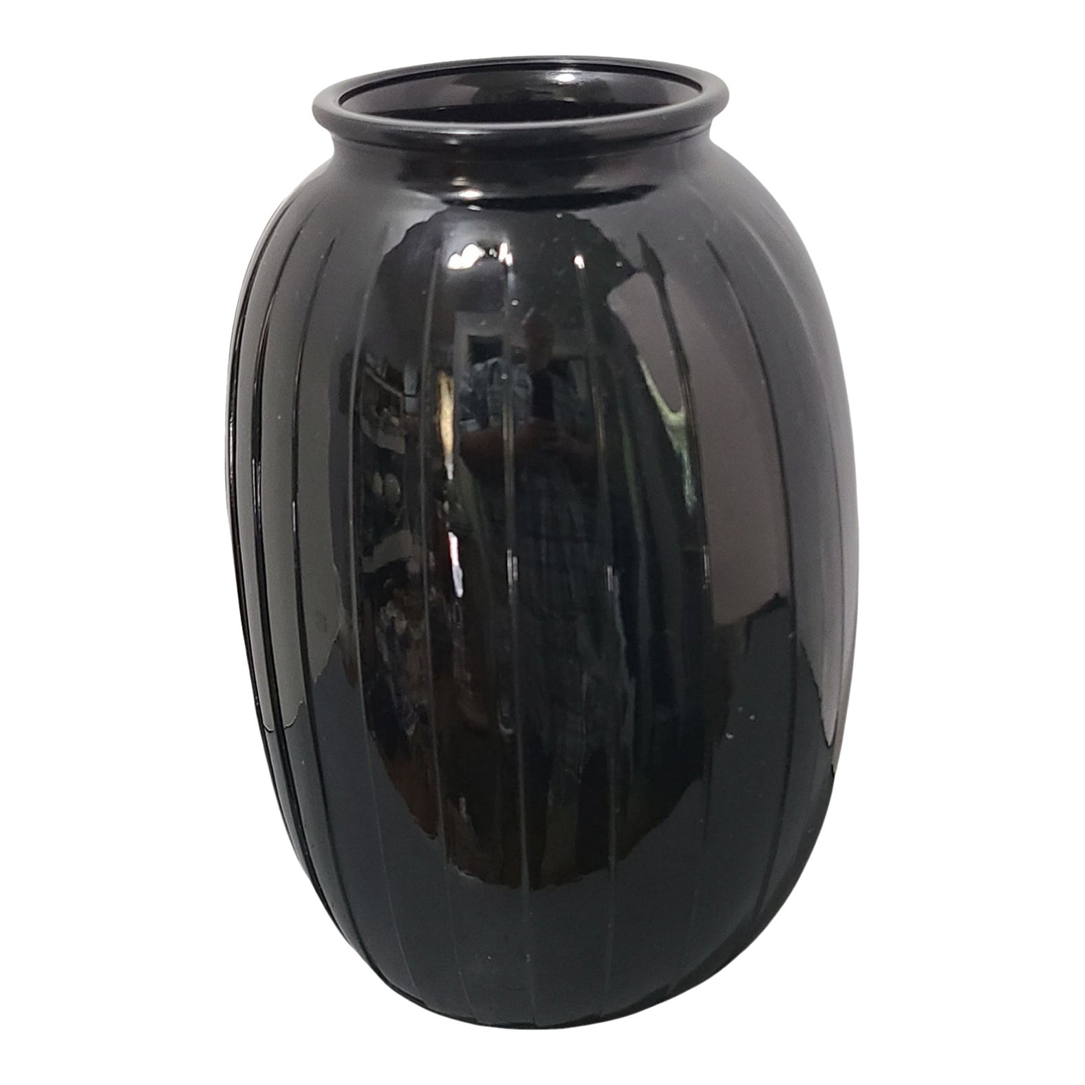 Vintage Art Deco Ribbed Black Glass Vase | Chairish