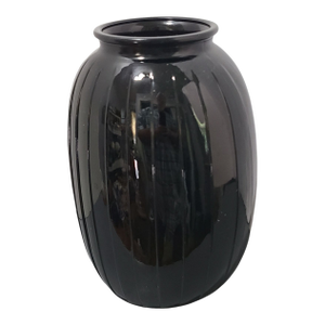 Vintage Art Deco Ribbed Black Glass Vase