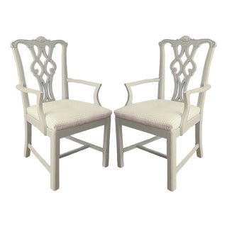 20thC Painted Chippendale-Style Armchairs, Pale Gray/ Taupe Gingham Seats - A Pair For Sale