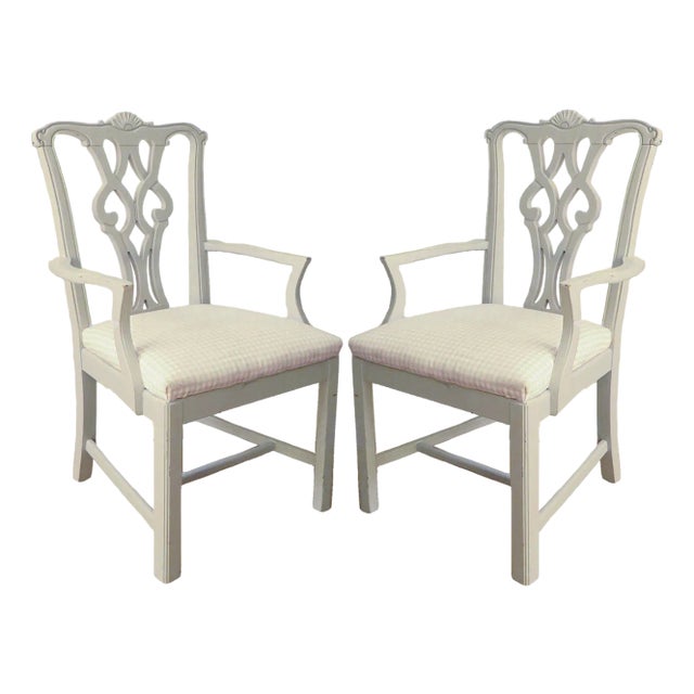 20thC Painted Chippendale-Style Armchairs, Pale Gray/ Taupe Gingham Seats - A Pair For Sale