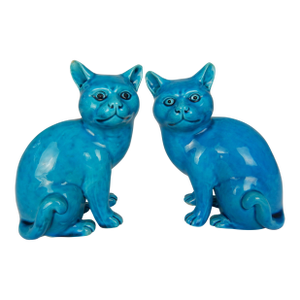 Early 20th Century Chinese Export Turquoise Blue Cat Figures, a Pair