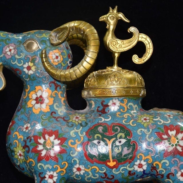 Vintage Cloisonné Enamel Gilt Bronze Ram-Form Censer & Incense Burner – Qianlong Mark For Sale In Los Angeles - Image 6 of 9
