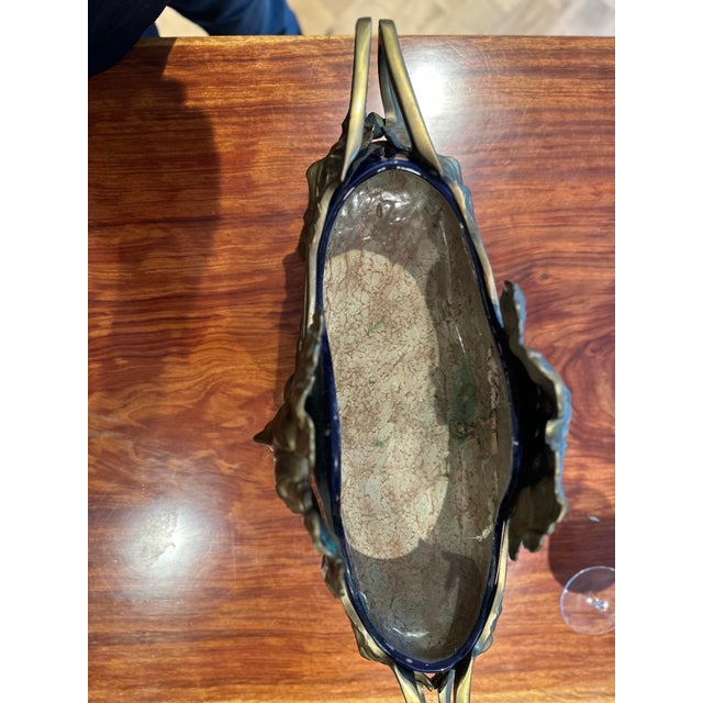 Art Nouveau Antique Bronze and Cobalt Glazed Jardiniere, Art Nouveau, Vase, Cachepot For Sale - Image 3 of 8