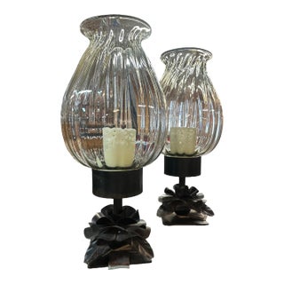 Late 20th Century Pair of Jan Barboglio Hand-Forged Iron & Glass Hurricane Candle Holders For Sale