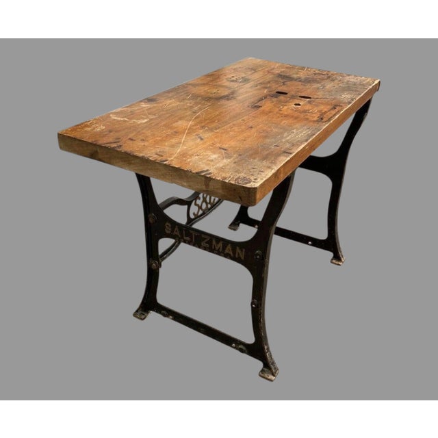 Vintage Antique Industrial Saltzman Chicago Cast Iron Table With Wooden Top For Sale - Image 4 of 9