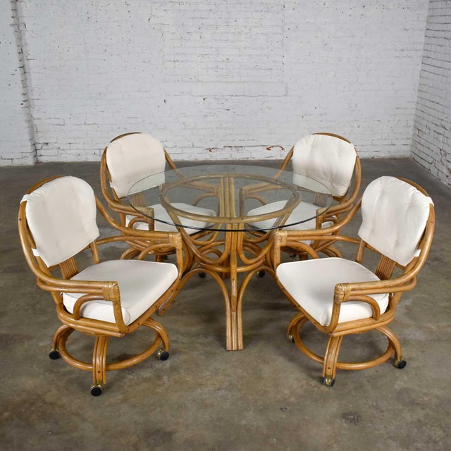 Pacific Rattan Game or Dining Table Round Glass Top & 4 Rolling Swivel