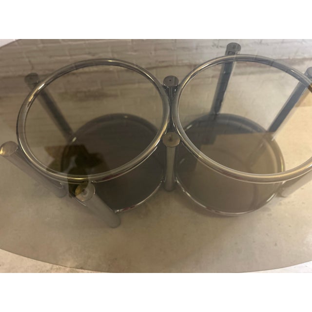1970s Chrome & Smoked Glass Oval Coffee Table, Paul Mayen Style - Interlocking Ring Base For Sale In Los Angeles - Image 6 of 7