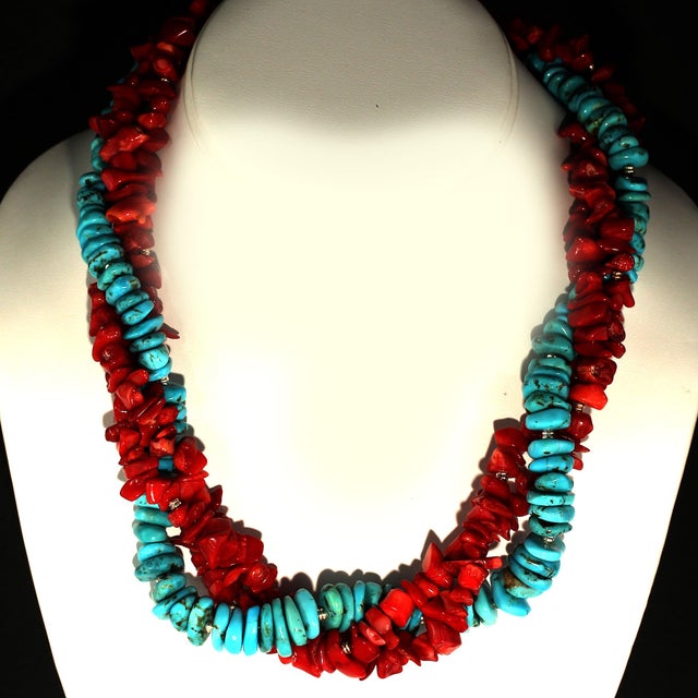AJD Triple Strand Necklace of Southwest Style Red Coral and Hubei Turquoise For Sale - Image 4 of 11
