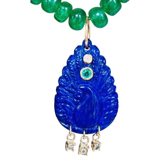 Lapis Peacock Pendant With Emeralds, Diamonds & 14k Gold For Sale - Image 12 of 13