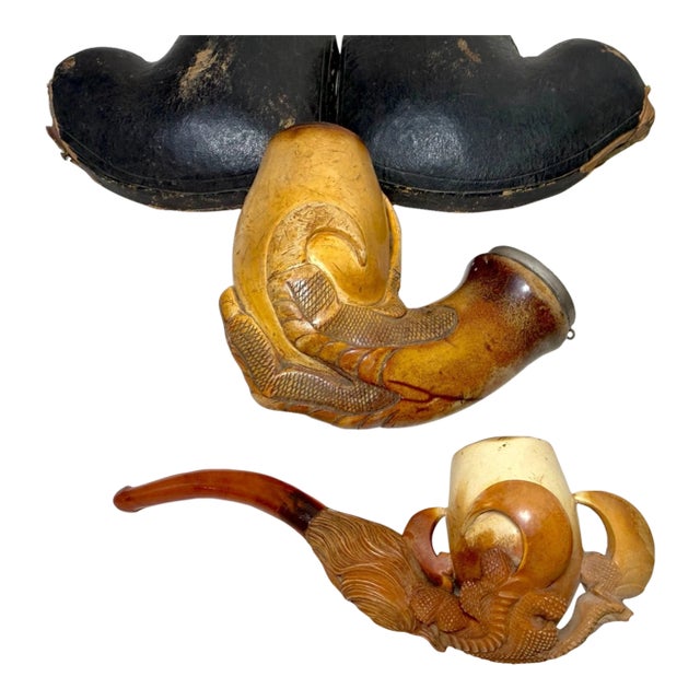 2 Large Antique 1800's Hand Carved Dragon Claw Talon Meerschaum Smoking Pipe For Sale