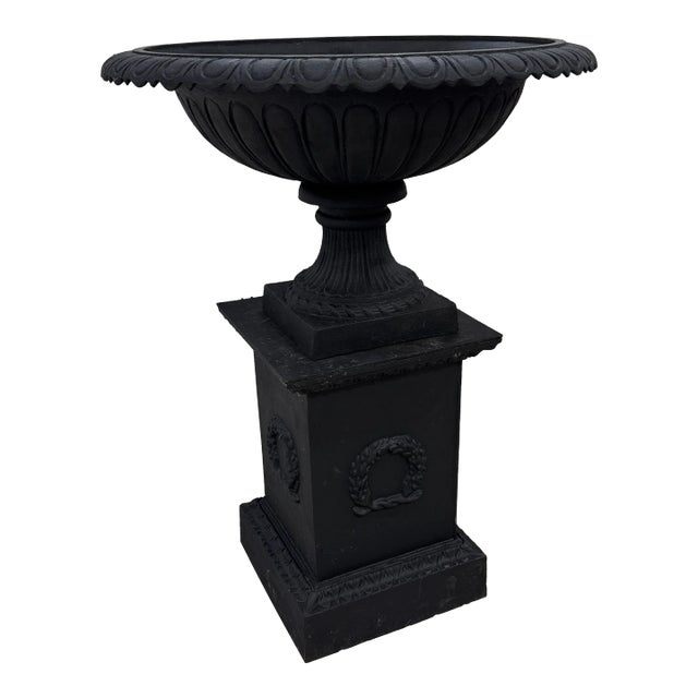 Vintage Oversized French Classical Cast Iron Garden Urn Planter With Base For Sale