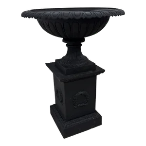 Vintage Oversized French Classical Cast Iron Garden Urn Planter With Base