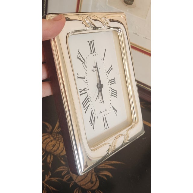 1980s Italian Real Clock 925 Sterling Silver-Clad Desk Clock With Mahogany-Tone Wood Case For Sale - Image 14 of 18