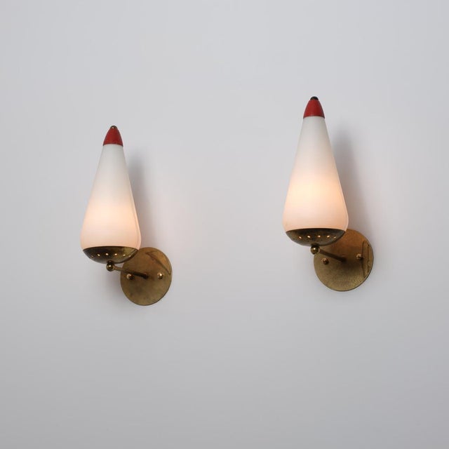 Large Italian Wall Sconces in Brass, Red Metal and Opaline Glass, 1950s, Set of 2 For Sale - Image 10 of 15