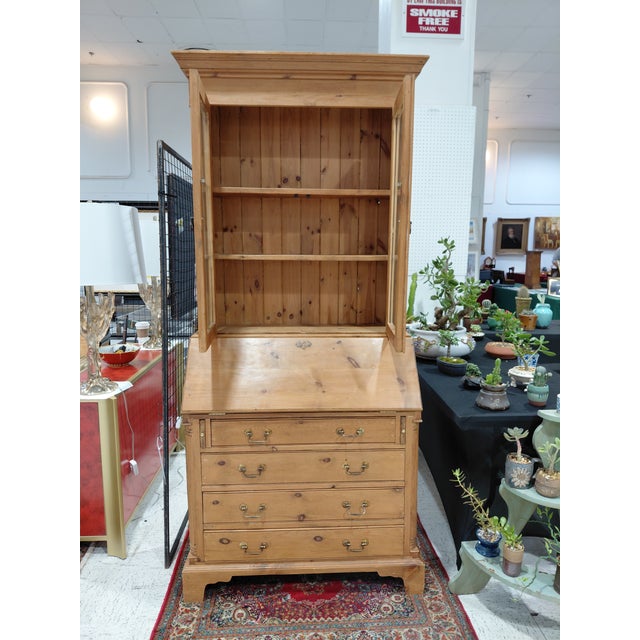 Vintage Country Pine Secretary Desk With Glass-Front Bookcase For Sale - Image 11 of 12