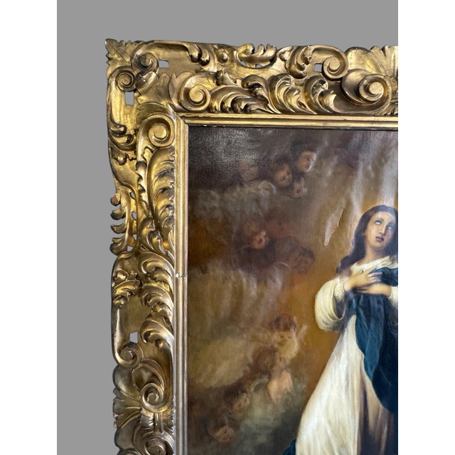 Large Italian Gilt Framed Religious Oil Painting – Immaculate Conception after Murillo – Florence, Italy Offered for sale...