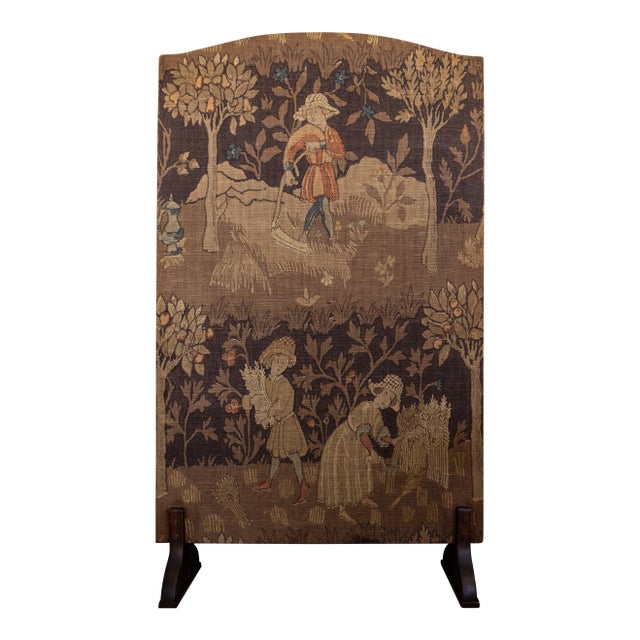 Upholstered English Arts and Crafts Firescreen With Medieval Harvest Scene For Sale