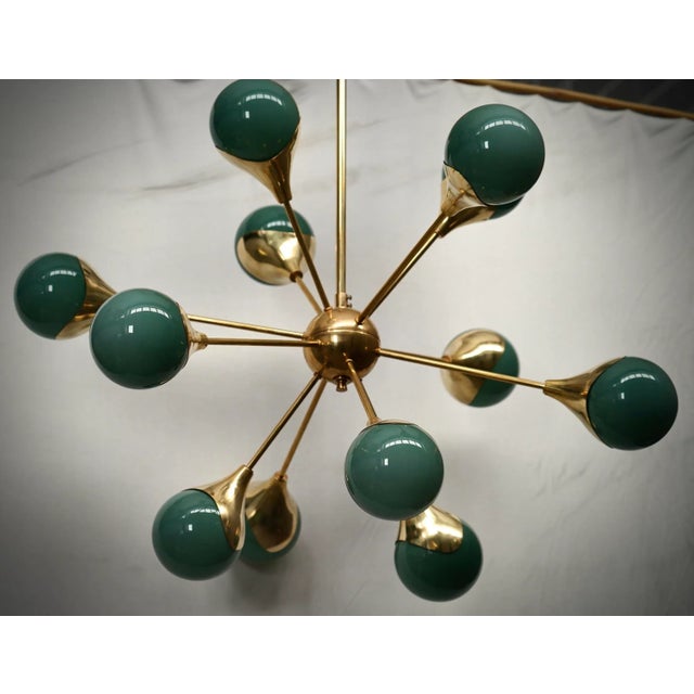 Mid-Century Modern Mid-Century Spherical Green Glass and Brass Sputnik Chandelier, 2000s For Sale - Image 3 of 8