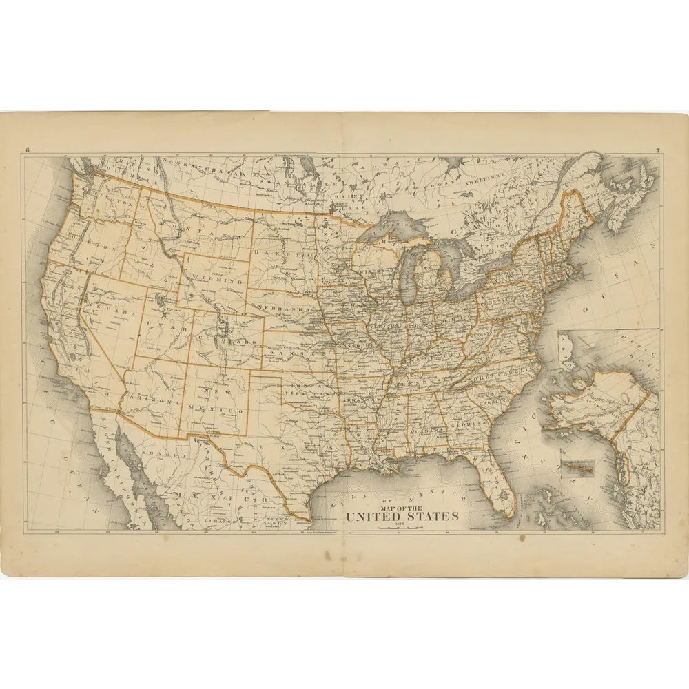 Map of the United States with Territorial Boundaries, 1874 | Chairish