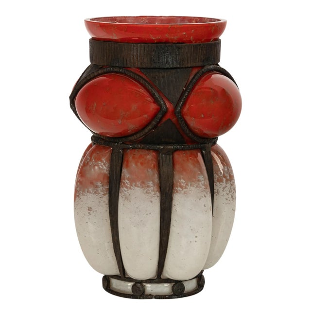 Charles Schneider Antique French Art Deco Glass & Iron Vase Charles Schneider Edgar Brandt 1920 For Sale - Image 4 of 9