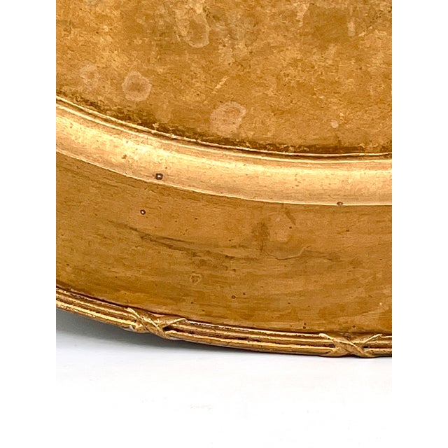 Vintage Italian Hollywood Regency Oval Statement Size Brass Tray With Faux Boar Tusk Handles and Cross Strap Trim For Sale - Image 9 of 16